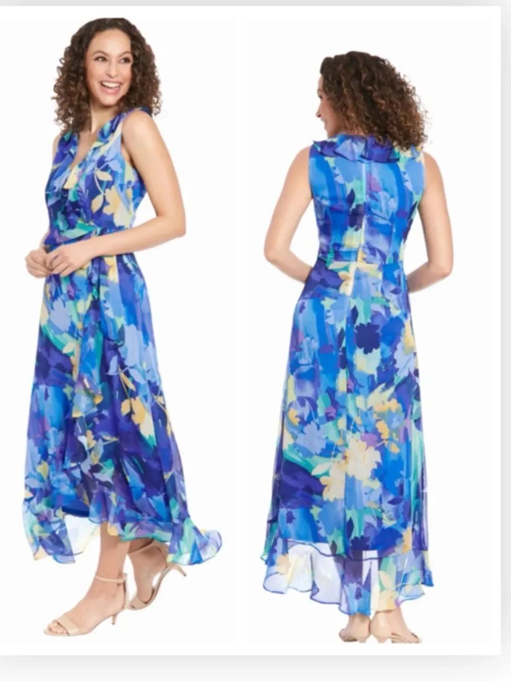 London Times Rosie Faux-Wrap Ruffle-Hem Maxi in Brushstroke petunia $130